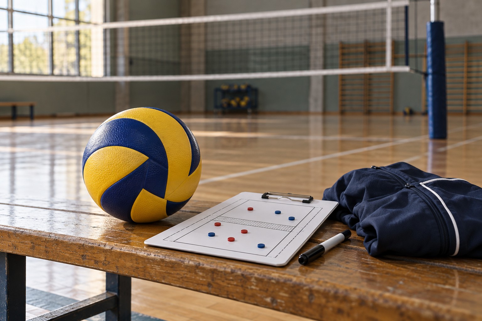 Pallone e lavagnetta tattica pronti per un allenamento di pallavolo